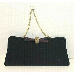 Black Evening Bag Vintage Clutch Purse Gold Chain Ornate Clasp